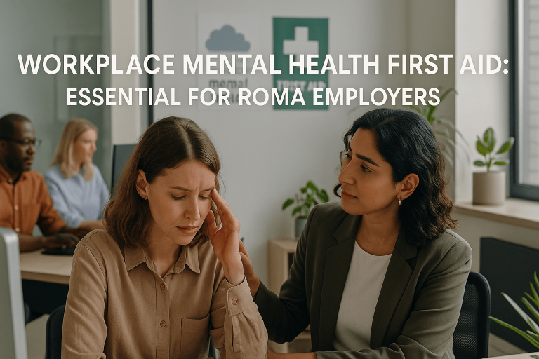 Supportive workplace scene with a female employee receiving mental health first aid in a Roma office