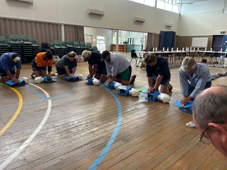 First aid CPR training — hands-on HLTAID009 CPR practice with manikin, delivered by IRFA paramedic trainers, RTO 32154